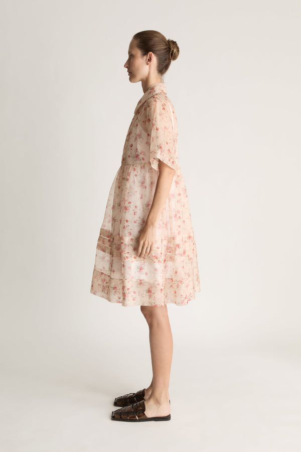 Woman wearing a floral mini dress on a white background