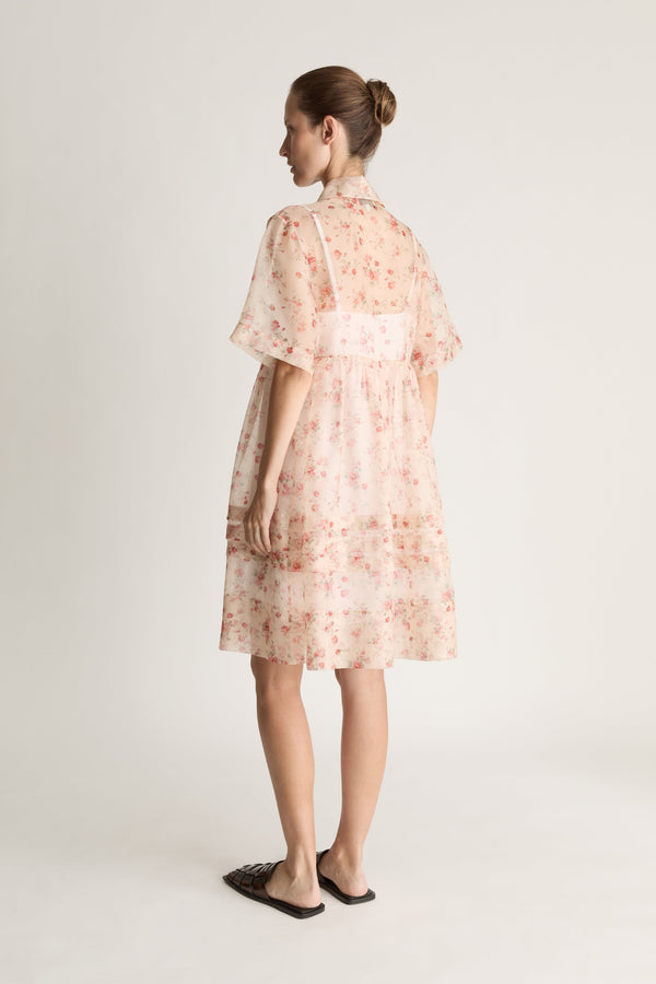 Woman wearing a floral mini dress on a white background