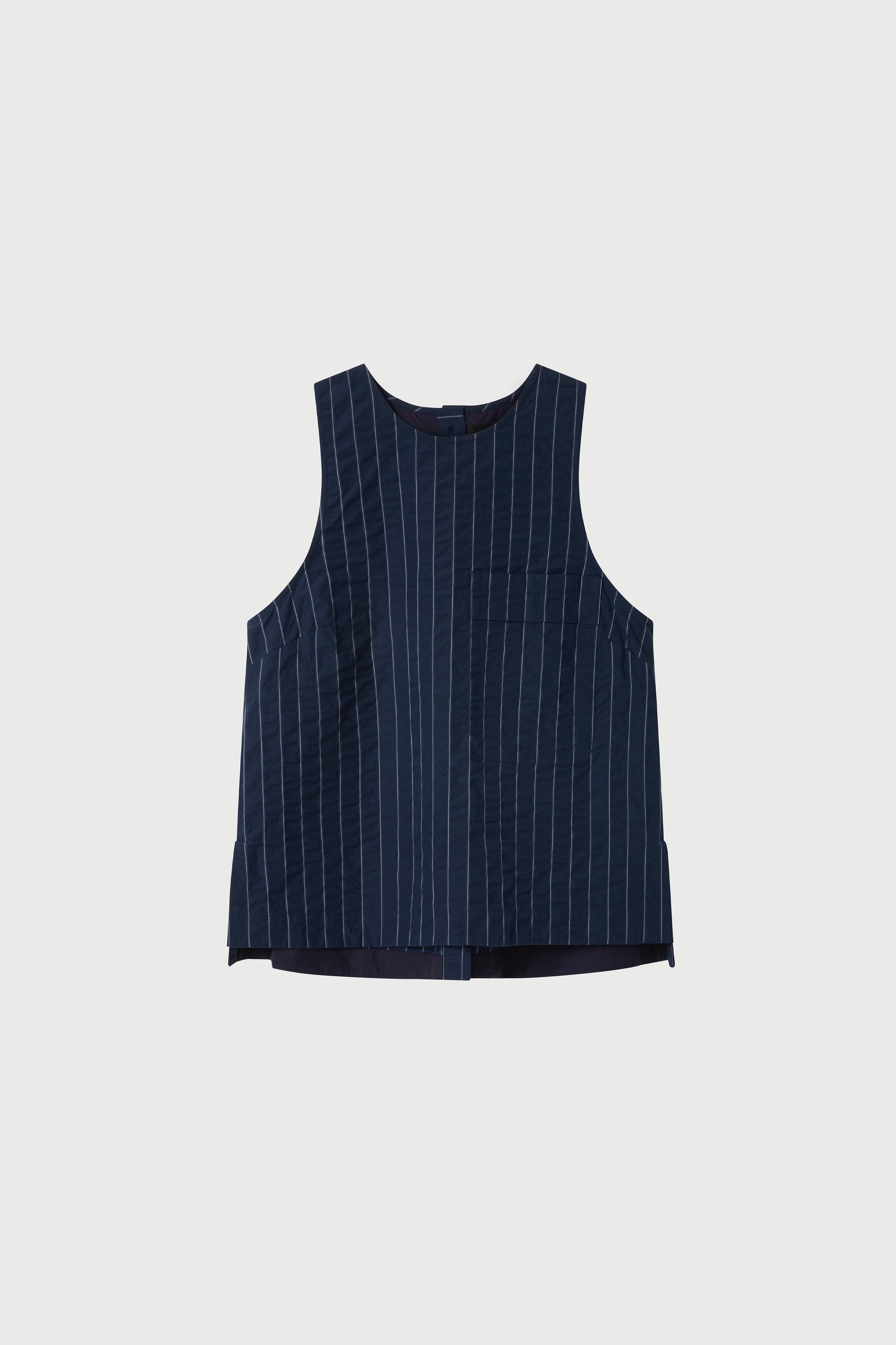 Blue pinstripe sleeveless top on a light gray background
